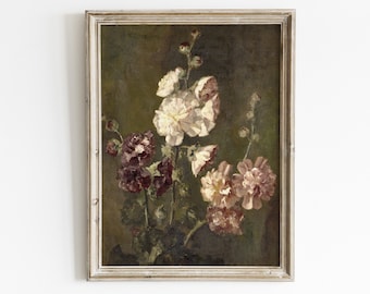 Vintage hollyhock flower painting, antique flower bouquet wall art print, floral prints, vintage flower art print, printable farmhouse art
