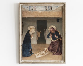 May include: A painting depicting the Nativity scene. Mary kneels in a blue robe, Joseph kneels in a red robe, and a baby Jesus lies in a manger. A cow is visible in the background.