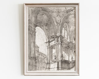 Peut inclure: Un dessin en noir et blanc d'un intérieur architectural avec un plafond voûté et un escalier. Le dessin est encadré dans un cadre en bois clair.