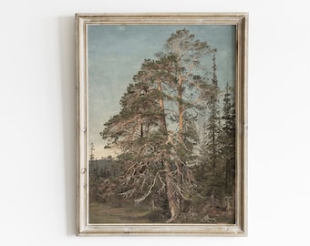 Vintage landschapsschilderij met pijnbomen: antieke boskunstdruk (digitale download)