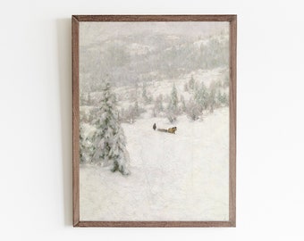 Vintage Winter Landscape Art Print: Snowy Sledding Scene (Digital Download)