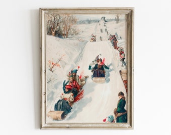 Vintage Christmas art print, antique holiday wall art, sledding print, festive holiday art print, winter landscape painting, snowy scene