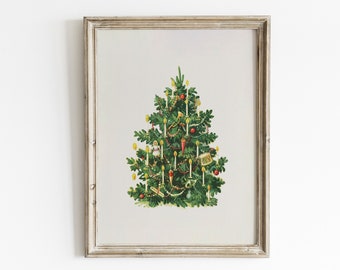 May include: A vintage illustration of a Christmas tree decorated with candles, ornaments, and a star on top. The tree is green with a white background.