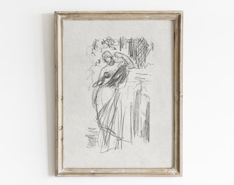 Vintage Woman Sketch Art Print: Minimalist Female Figure (Digital Download)
