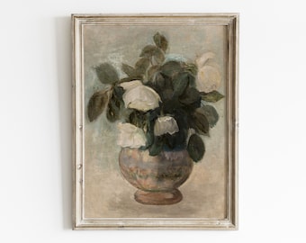 May include: A framed painting of a bouquet of white roses in a brown and white vase. The roses are painted in a realistic style with soft, muted colors.