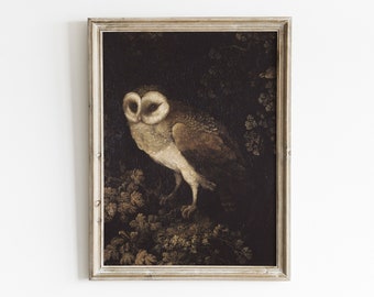 May include: A framed painting of a brown and white owl perched on a branch with green leaves. The owl has large, dark eyes and a detailed, realistic appearance. The background is a dark, shadowy forest.