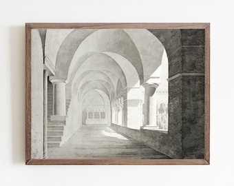 Vintage Hallway Art Print: Classical Architecture Watercolor (Digital Download)