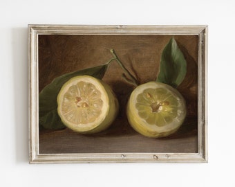 May include: A framed painting of two lemons cut in half, with the inside of the fruit visible. The lemons are on a brown background with green leaves.