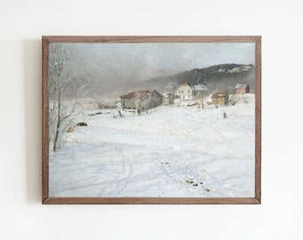 Vintage schilderij winterdorp: antieke besneeuwde landschapskunst (digitale download)