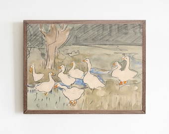 Vintage geese print | antique spring duck painting | vintage nursery wall decor | bird watercolor painting | farmhouse wall decor