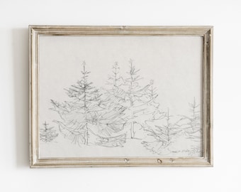 Vintage Pine Forest Sketch Print: Rustic Winter Landscape (Digital Download)
