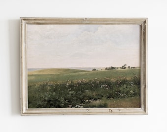 Französische Vintage Wiesenlandschaft, Ölbild auf Leinwand (Digitaler Download)