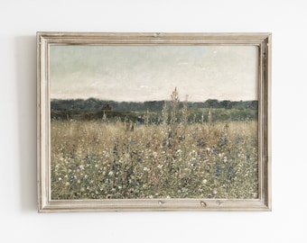 Neutrale Vintage Landschaftswiesenmalerei druckbare Kunst, französische Landölmalerei