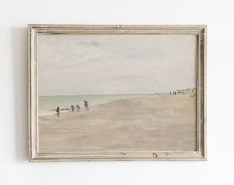 Vintage Beach Watercolor Print: Moody Coastal Landscape (Digital Download)