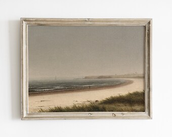Vintage Coastal Beach Landscape Wall Art Print, Moody Seaside Painting (Digital Download)