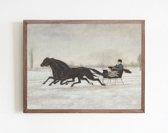 May include: A framed vintage print depicts a winter scene with two dark horses pulling a sleigh across a snowy landscape. A person in a coat and hat is seated in the sleigh. The artwork has a muted color palette and a rustic aesthetic.