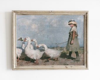 Vintage Goose Girl Printable Wall Art | Cottagecore Farm Painting | Rustic Digital Download
