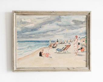 Boho beach print, vintage beach house wall art, ocean watercolor painting, abstract vintage landscape, printable beach art