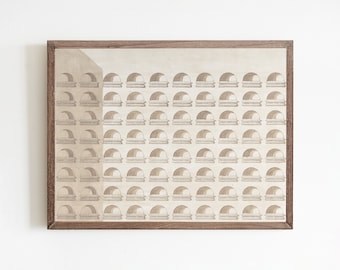 May include: A framed print of a beige and white architectural design featuring a repeating pattern of arches. The print is in a brown wooden frame.