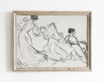 Vintage Woman Sketch Art Print: Abstract Line Drawing (Digital Download)