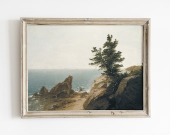 Vintage Pine Tree Coastal Painting: Antique Landscape Art (Digital Download)