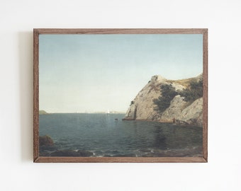 Vintage Coastal Cliff Painting Printable Wall Art, Antique Seascape Landscape Art (Digital Download)