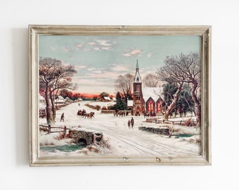 Christmas village painting, Vintage Christmas prints, retro Christmas wall art, antique holiday wall art, winter landscape scene prints