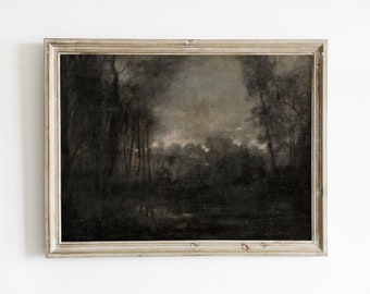 Moody dark forest landscape painting, vintage rustic nature art print, digital download art