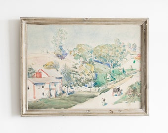 Vintage Village Watercolor Print, European Countryside Art, Pastel Cottage Landscape Printable, Digital Download