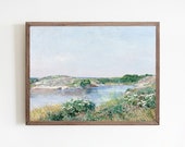 Vintage oil painting, antique country flower art, vintage beach landscape art, antique ocean painting, flower landscape print, coastal art