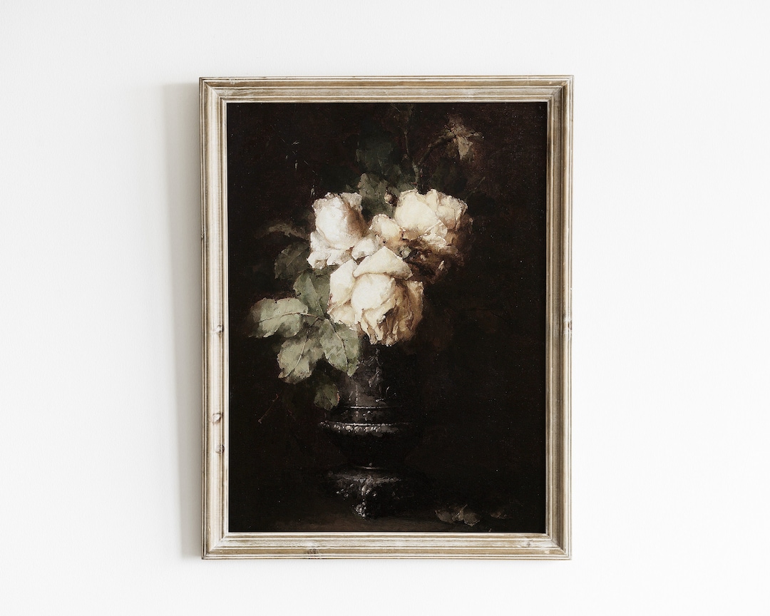 Vintage Roses Art Print: Moody Floral Still Life Painting (digital ...
