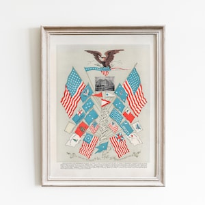 May include: A vintage illustration of flags of the Union, featuring a bald eagle with outstretched wings holding a banner that reads "FLAGS OF THE UNION". The illustration includes a variety of flags, including the American flag, the Confederate flag, and the Union Jack.