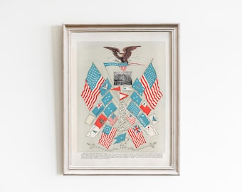 Vintage Americana decor, 4th of July print decor, Flag wall art, vintage poster print, educational poster, America wall art, vintage prints