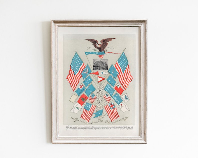 May include: A vintage illustration of flags of the Union, featuring a bald eagle with outstretched wings holding a banner that reads "FLAGS OF THE UNION". The illustration includes a variety of flags, including the American flag, the Confederate flag, and the Union Jack.