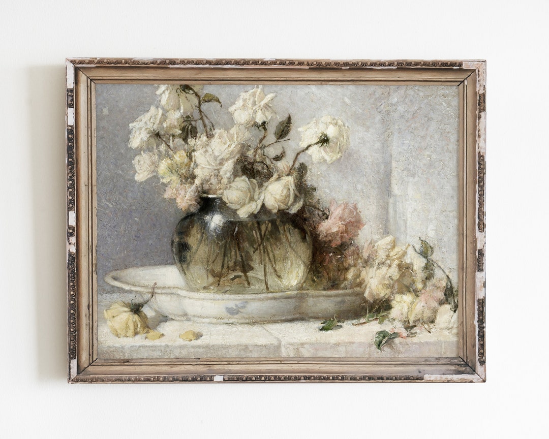 Vintage Rose Painting: Moody Floral Still Life Art Print (digital ...