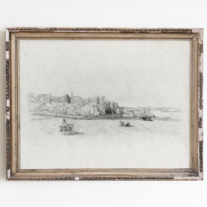 Vintage Farmhouse Print: Country Landscape Graphite Sketch (Digital Download)