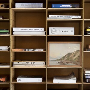 May include: A wooden bookshelf filled with books, with a framed painting of a coastal scene in the center. The bookshelves are organized by color and subject matter, with titles like "Architecture Now!" and "Ignant" visible.