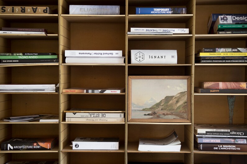 May include: A wooden bookshelf filled with books, with a framed painting of a coastal scene in the center. The bookshelves are organized by color and subject matter, with titles like "Architecture Now!" and "Ignant" visible.