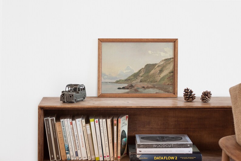 May include: A wooden shelf with a framed painting of a coastal landscape, a small metal toy car, two pine cones, and a collection of books. The books include titles like "Woodcut" and "Dataflow 2".