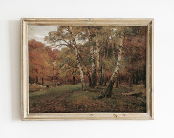 Puede incluir: Una pintura enmarcada que representa una escena de bosque con árboles altos, algunos con corteza blanca, y una figura sentada en primer plano. Los árboles son principalmente verdes con algunas hojas marrones y naranjas. La pintura está sobre un fondo blanco.