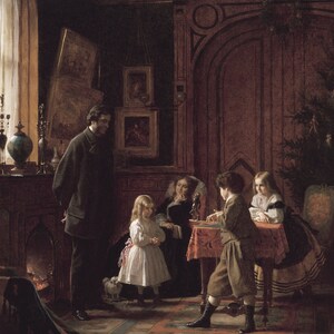 May include: A painting depicting a family gathered in a richly decorated room. A man in a dark suit stands near a fireplace, while a woman in a dark dress sits with a young girl in a white dress. Two children, a boy and a girl, are seated at a table playing a game. The room features a large window, a fireplace, and a Christmas tree.