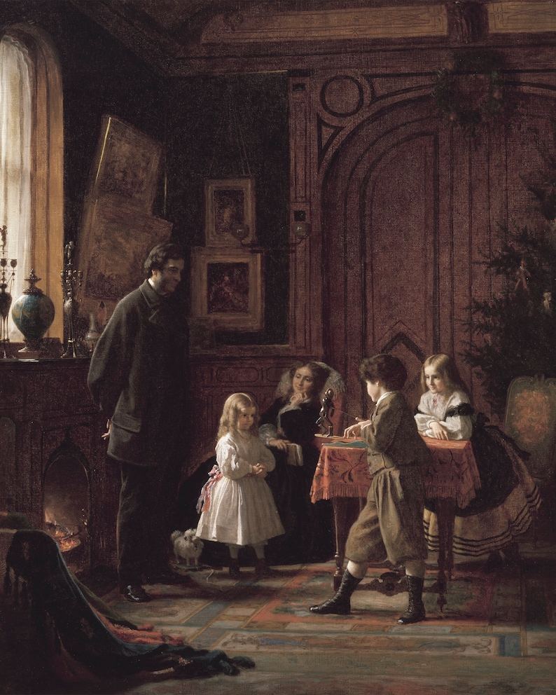 May include: A painting depicting a family gathered in a richly decorated room. A man in a dark suit stands near a fireplace, while a woman in a dark dress sits with a young girl in a white dress. Two children, a boy and a girl, are seated at a table playing a game. The room features a large window, a fireplace, and a Christmas tree.