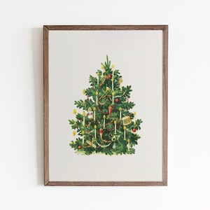 May include: A vintage illustration of a Christmas tree decorated with candles, ornaments, and a small drum. The tree is green with a white background.