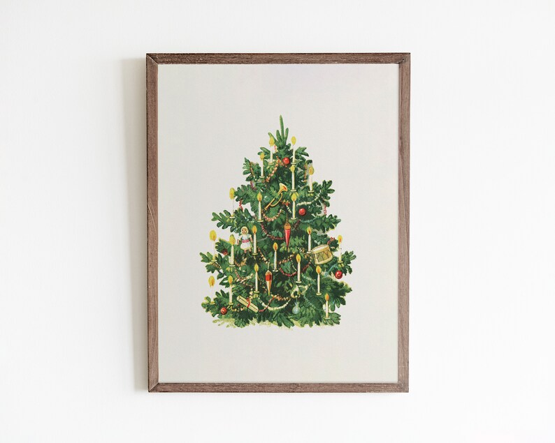 May include: A vintage illustration of a Christmas tree decorated with candles, ornaments, and a small drum. The tree is green with a white background.
