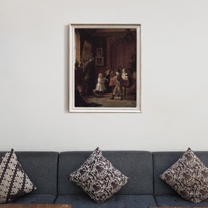 May include: A framed oil painting depicting a group of children in a room with a wooden door and a fireplace. The children are dressed in 19th-century clothing and are playing a game. The painting is set in a dark, shadowy room with a warm, inviting atmosphere.