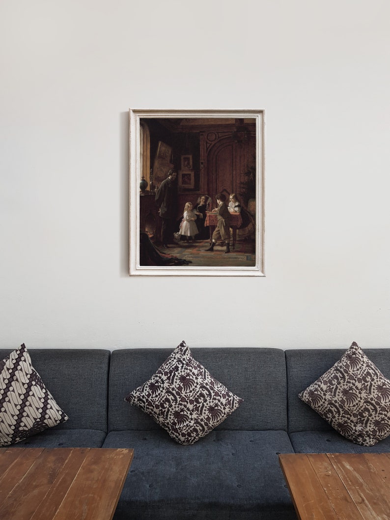 May include: A framed oil painting depicting a group of children in a room with a wooden door and a fireplace. The children are dressed in 19th-century clothing and are playing a game. The painting is set in a dark, shadowy room with a warm, inviting atmosphere.