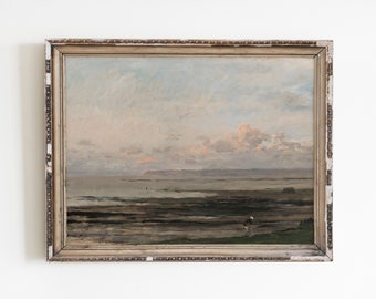 Pintura de paisaje marino vintage: Impresión al óleo de playa costera (descarga digital)