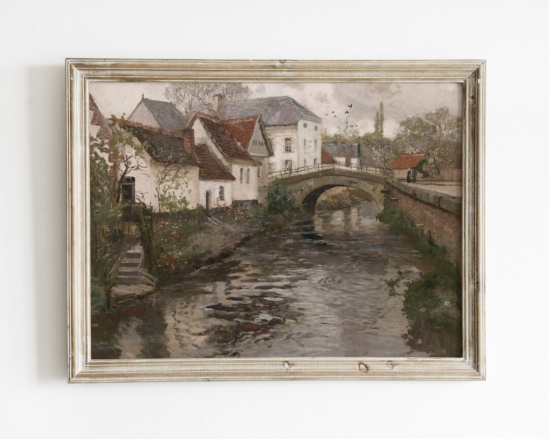 Vintage European Wall Decor, Antique Village Painting, Printable Art Etsy