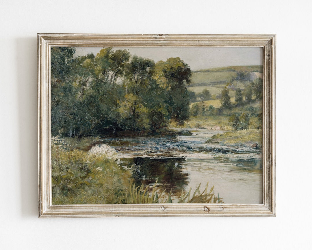 Green Living Room Art, Neutral Wall Art, Vintage Landscape Painting