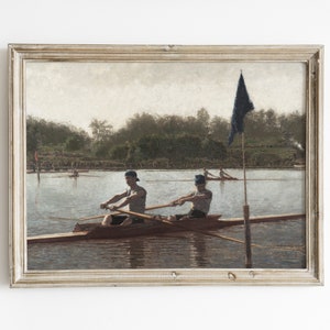 Vintage rowing art print, landscape lake scene painting, downloadable wall art